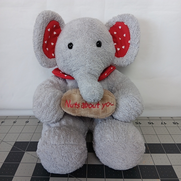 Commonwealth Elephant Nuts About You Grey Sitting Plush Red White Hearts Toy - Picture 1 of 10